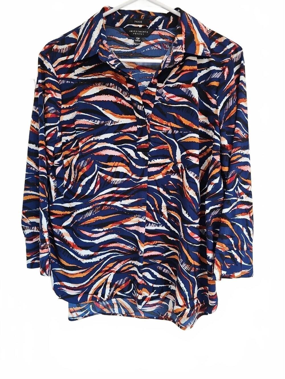Paige Investments Multi Color Abstract Blouse Medium 3/4 Sleeve V-neck Petite M